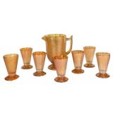 C4 - Vintage Carnival Glass Amber Crackle Pitcher & Footed Tumblers - 9-Piece Set
