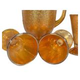 C4 - Vintage Carnival Glass Amber Crackle Pitcher & Footed Tumblers - 9-Piece Set