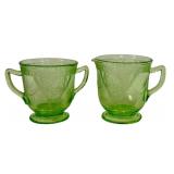 M3 - Federal Glass Co Vaseline Glass Georgian Lovebirds Cream & Sugar Set - 1931-1935
