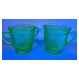 M3 - Federal Glass Co Vaseline Glass Georgian Lovebirds Cream & Sugar Set - 1931-1935