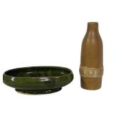 F2 - Vintage McCoy Floraline USA 476-G Green Glazed Bowl & Tan Bottle, 1960s