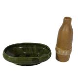 F2 - Vintage McCoy Floraline USA 476-G Green Glazed Bowl & Tan Bottle, 1960s