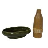 F2 - Vintage McCoy Floraline USA 476-G Green Glazed Bowl & Tan Bottle, 1960s