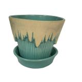 H3 - McCoy Flower Pot 1957 - Teal Interior, Beige Drip Ceramic Planter