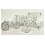 O1 - Vintage Glassware Assortment; Fenton Star Pattern Nappy 4.5 in - Jeanette Creamer & Sugar - Jeanette Covered Jar 5 in - 6 in Pitcher - 7.5 in Compote