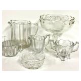 O1 - Vintage Glassware Assortment; Fenton Star Pattern Nappy 4.5 in - Jeanette Creamer & Sugar - Jeanette Covered Jar 5 in - 6 in Pitcher - 7.5 in Compote