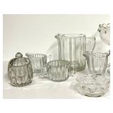 O1 - Vintage Glassware Assortment; Fenton Star Pattern Nappy 4.5 in - Jeanette Creamer & Sugar - Jeanette Covered Jar 5 in - 6 in Pitcher - 7.5 in Compote