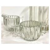 O1 - Vintage Glassware Assortment; Fenton Star Pattern Nappy 4.5 in - Jeanette Creamer & Sugar - Jeanette Covered Jar 5 in - 6 in Pitcher - 7.5 in Compote