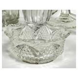 O1 - Vintage Glassware Assortment; Fenton Star Pattern Nappy 4.5 in - Jeanette Creamer & Sugar - Jeanette Covered Jar 5 in - 6 in Pitcher - 7.5 in Compote