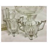 O1 - Vintage Glassware Assortment; Fenton Star Pattern Nappy 4.5 in - Jeanette Creamer & Sugar - Jeanette Covered Jar 5 in - 6 in Pitcher - 7.5 in Compote