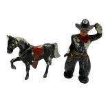 F2 - Barclay Pod Foot Cowboy Figure with Horse - Vintage Metal Toy,