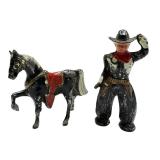 F2 - Barclay Pod Foot Cowboy Figure with Horse - Vintage Metal Toy,