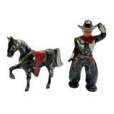 F2 - Barclay Pod Foot Cowboy Figure with Horse - Vintage Metal Toy,