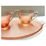 O1 - Homespun by Jeanette Glass Vintage Pink Glass Teacups on Lattice Pattern Tray - 2 Teacups with Tray