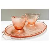 O1 - Homespun by Jeanette Glass Vintage Pink Glass Teacups on Lattice Pattern Tray - 2 Teacups with Tray