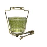 N2 - Ice Bucket - Mid-Century Green Glass with Atomic Starburst Pattern, Tongs Included