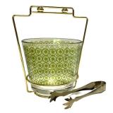 N2 - Ice Bucket - Mid-Century Green Glass with Atomic Starburst Pattern, Tongs Included