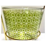 N2 - Ice Bucket - Mid-Century Green Glass with Atomic Starburst Pattern, Tongs Included