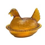 O1 - Vintage Amber Glass Covered Chicken Dish