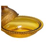 O1 - Vintage Amber Glass Covered Chicken Dish