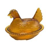 O1 - Vintage Amber Glass Covered Chicken Dish