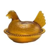 O1 - Vintage Amber Glass Covered Chicken Dish