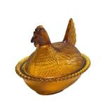 O1 - Vintage Amber Glass Covered Chicken Dish
