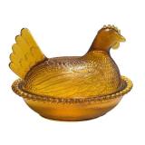 O1 - Vintage Amber Glass Covered Chicken Dish