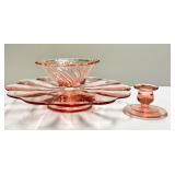 O1 - Vintage Paden City Pink Depression Cake Plate - Jeanette Candy Dish w/ Three Swirl Feet