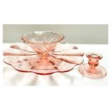 O1 - Vintage Paden City Pink Depression Cake Plate - Jeanette Candy Dish w/ Three Swirl Feet