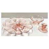 O1 - Vintage Paden City Pink Depression Cake Plate - Jeanette Candy Dish w/ Three Swirl Feet