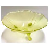 O1 - Vintage Art Deco Glass Footed Bowl - Three Scroll Feet, Fluted Rim