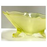 O1 - Vintage Art Deco Glass Footed Bowl - Three Scroll Feet, Fluted Rim