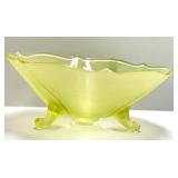 O1 - Vintage Art Deco Glass Footed Bowl - Three Scroll Feet, Fluted Rim