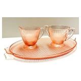 O1 - Homespun by Jeanette Glass Vintage Pink Glass Teacups on Lattice Pattern Tray - 2 Teacups with Tray