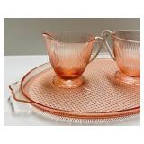 O1 - Homespun by Jeanette Glass Vintage Pink Glass Teacups on Lattice Pattern Tray - 2 Teacups with Tray