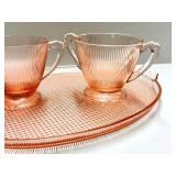O1 - Homespun by Jeanette Glass Vintage Pink Glass Teacups on Lattice Pattern Tray - 2 Teacups with Tray