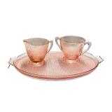 O1 - Homespun by Jeanette Glass Vintage Pink Glass Teacups on Lattice Pattern Tray - 2 Teacups with Tray