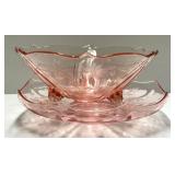 B4 - Vintage Lancaster Glass Jubilee Pink Cracker Plate & Rose Beadless Bowl 8.5in