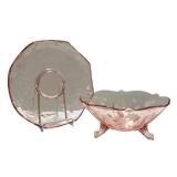 B4 - Vintage Lancaster Glass Jubilee Pink Cracker Plate & Rose Beadless Bowl 8.5in