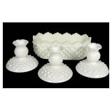 E4 - Fenton Milk Glass Lot - Candy Box, 3 Candle Holders, Fan Vase, Hop Nail Planter