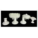 E4 - Fenton Milk Glass Lot - Candy Box, 3 Candle Holders, Fan Vase, Hop Nail Planter