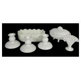 E4 - Fenton Milk Glass Lot - Candy Box, 3 Candle Holders, Fan Vase, Hop Nail Planter