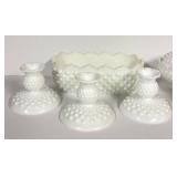 E4 - Fenton Milk Glass Lot - Candy Box, 3 Candle Holders, Fan Vase, Hop Nail Planter