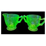 Anchor Hocking Vaseline Glass Spiral Sugar & Creamer Set, 1928-1930