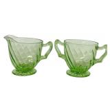 Anchor Hocking Vaseline Glass Spiral Sugar & Creamer Set, 1928-1930