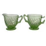 Anchor Hocking Vaseline Glass Spiral Sugar & Creamer Set, 1928-1930