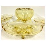 O1 - Vintage Lancaster Glass Topaz Egyptian-Etched Dishes (Lot of 5) Landrum 10in Cake Tray, Rose Bowl, 1930s