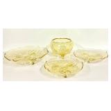 O1 - Vintage Lancaster Glass Topaz Egyptian-Etched Dishes (Lot of 5) Landrum 10in Cake Tray, Rose Bowl, 1930s
