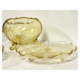 O1 - Vintage Lancaster Glass Topaz Egyptian-Etched Dishes (Lot of 5) Landrum 10in Cake Tray, Rose Bowl, 1930s